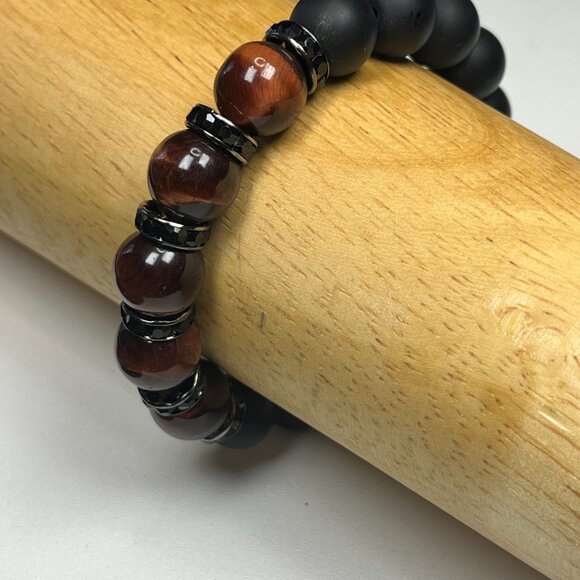 Men's Matt Onyx and Tigers Eye Stretch Beaded Bracelet - Picture 6 of 9